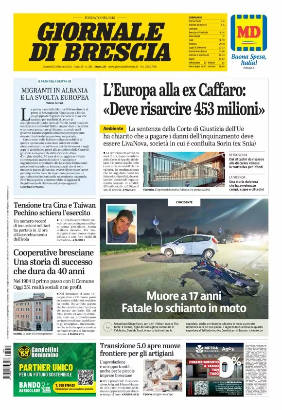 Prima-pagina-giornale di brescia-oggi-edizione-del-2024-10-15