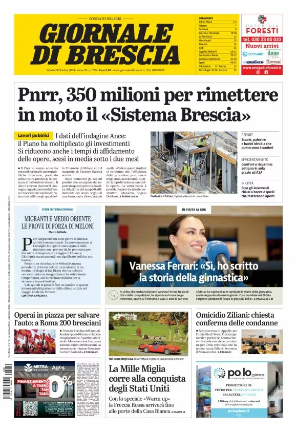 Prima-pagina-giornale di brescia-oggi-edizione-del-2024-10-19