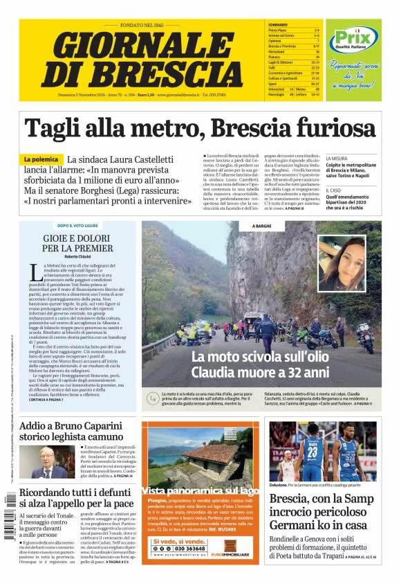 Prima-pagina-giornale di brescia-oggi-edizione-del-2024-11-03