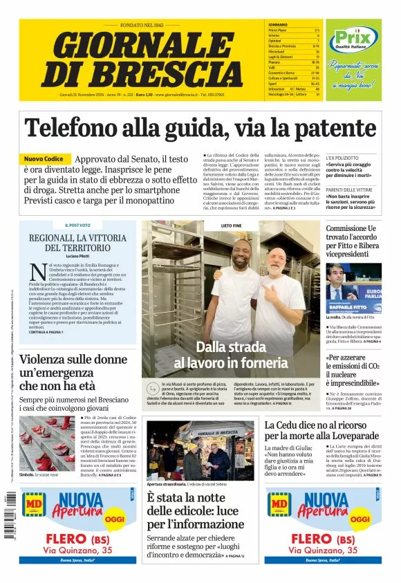 Prima-pagina-giornale di brescia-oggi-edizione-del-2024-11-21