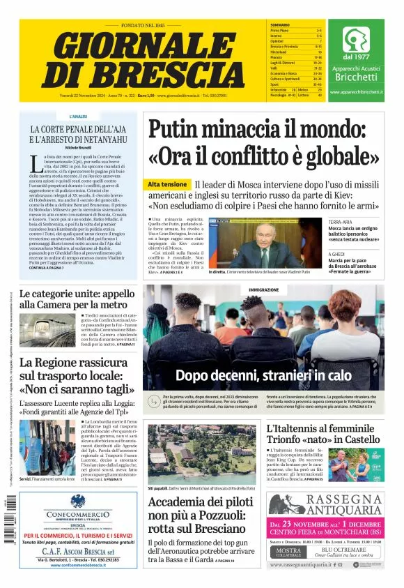 Prima-pagina-giornale di brescia-oggi-edizione-del-2024-11-22