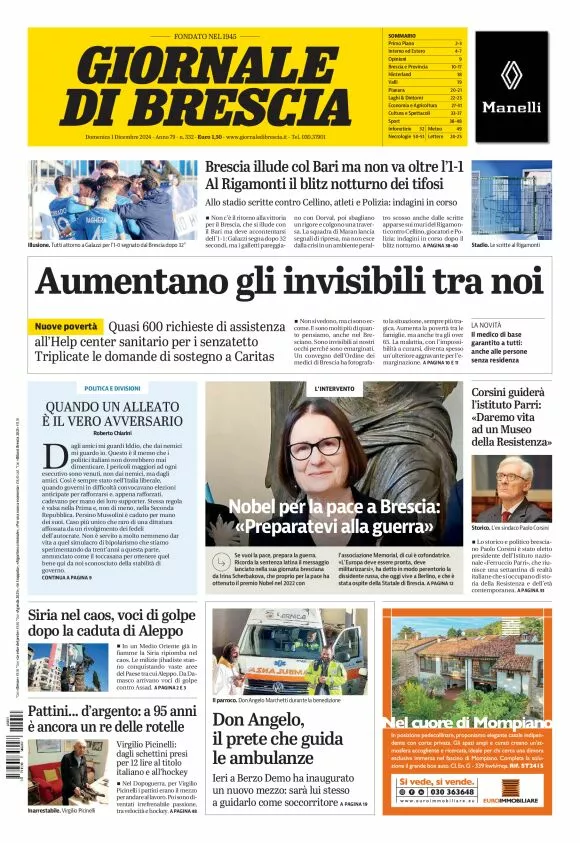 Prima-pagina-giornale di brescia-oggi-edizione-del-2024-12-01