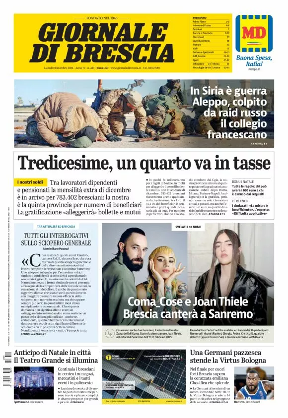 Prima-pagina-giornale di brescia-oggi-edizione-del-2024-12-02