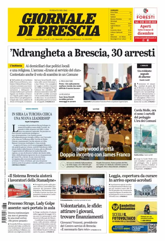 Prima-pagina-giornale di brescia-oggi-edizione-del-2024-12-06