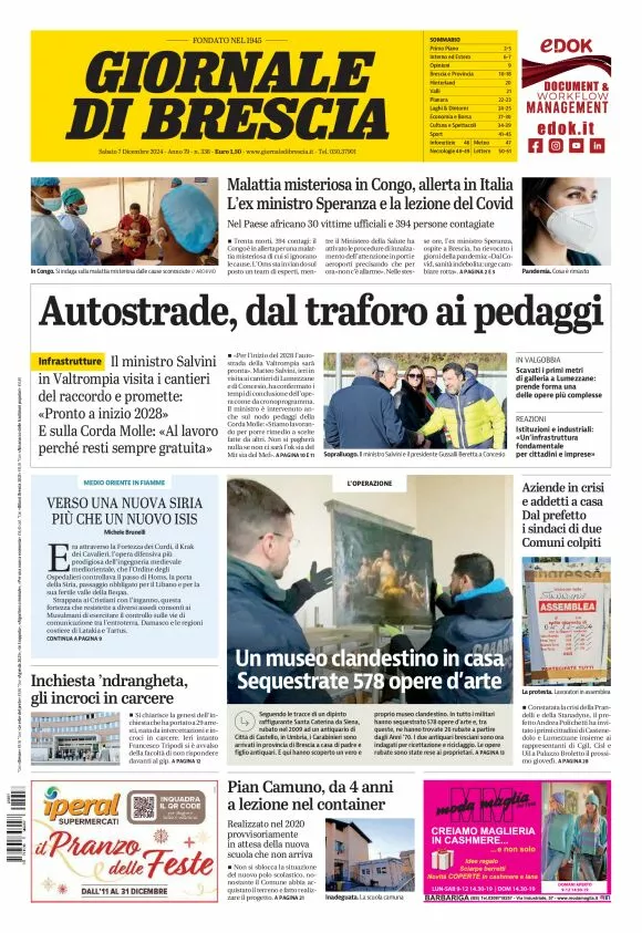 Prima-pagina-giornale di brescia-oggi-edizione-del-2024-12-07