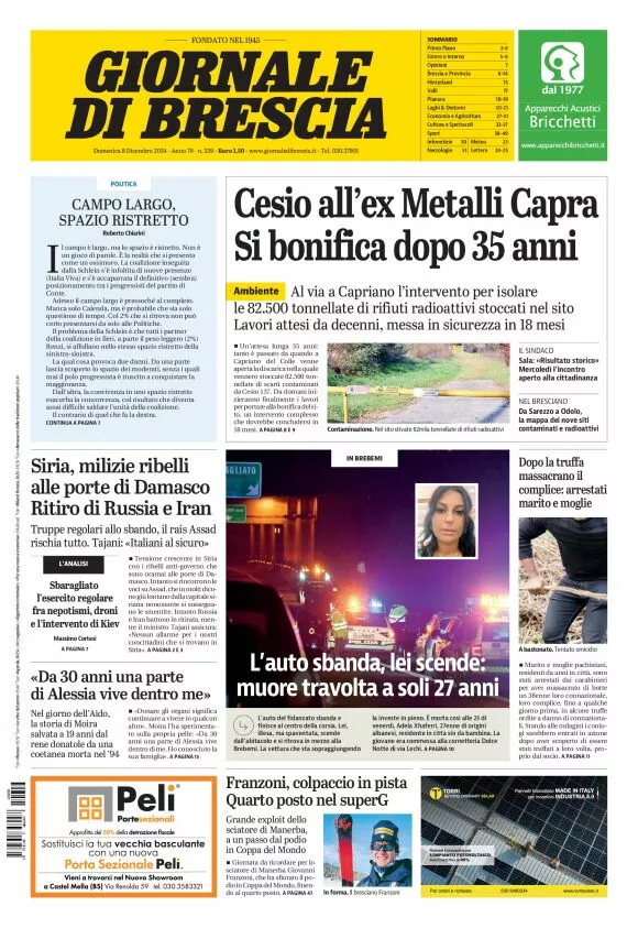 Prima-pagina-giornale di brescia-oggi-edizione-del-2024-12-08