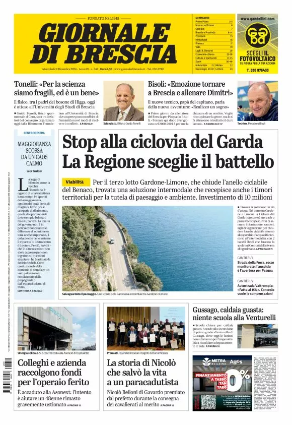 Prima-pagina-giornale di brescia-oggi-edizione-del-2024-12-11