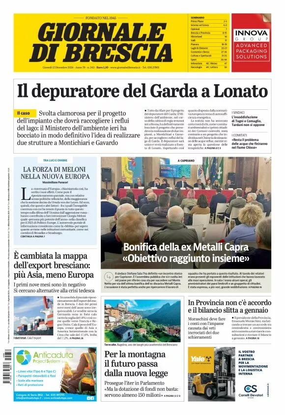 Prima-pagina-giornale di brescia-oggi-edizione-del-2024-12-12