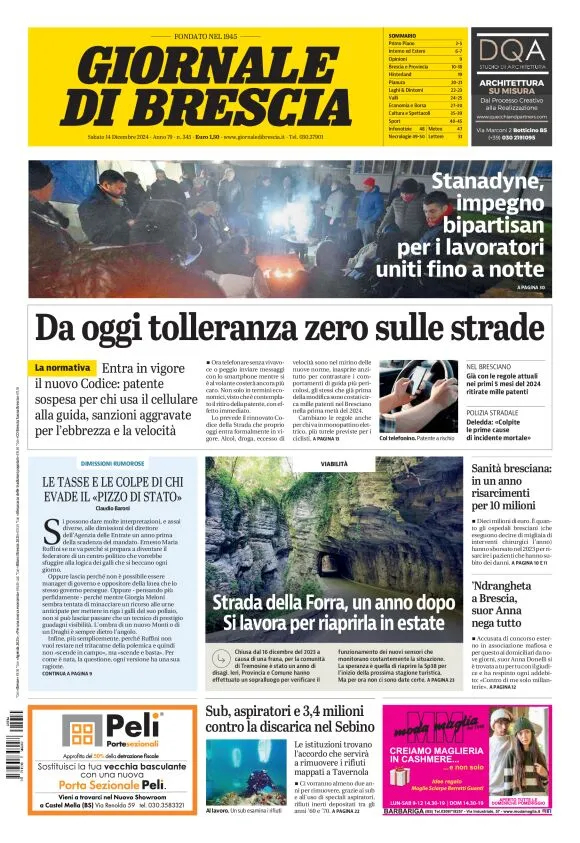 Prima-pagina-giornale di brescia-oggi-edizione-del-2024-12-14