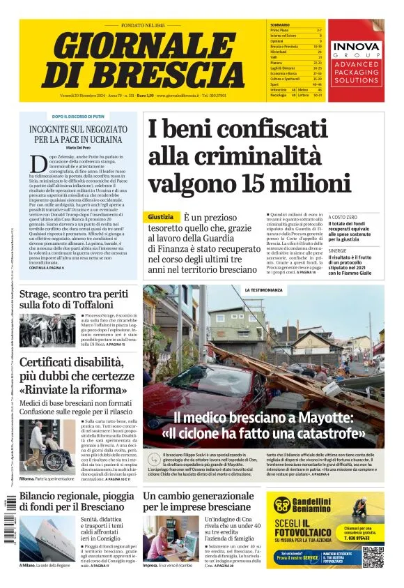 Prima-pagina-giornale di brescia-oggi-edizione-del-2024-12-20