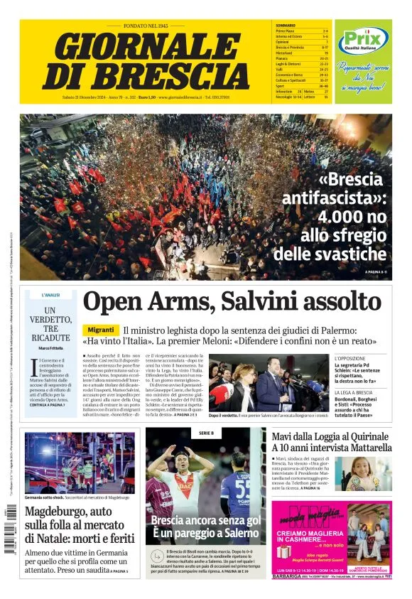 Prima-pagina-giornale di brescia-oggi-edizione-del-2024-12-21