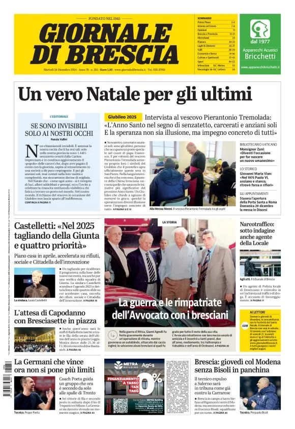 Prima-pagina-giornale di brescia-oggi-edizione-del-2024-12-24