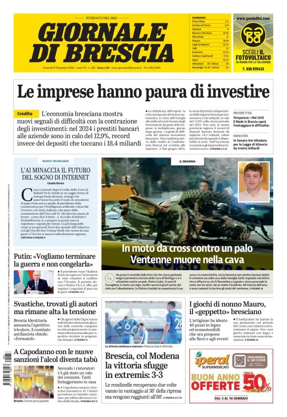 Prima-pagina-giornale di brescia-oggi-edizione-del-2024-12-27