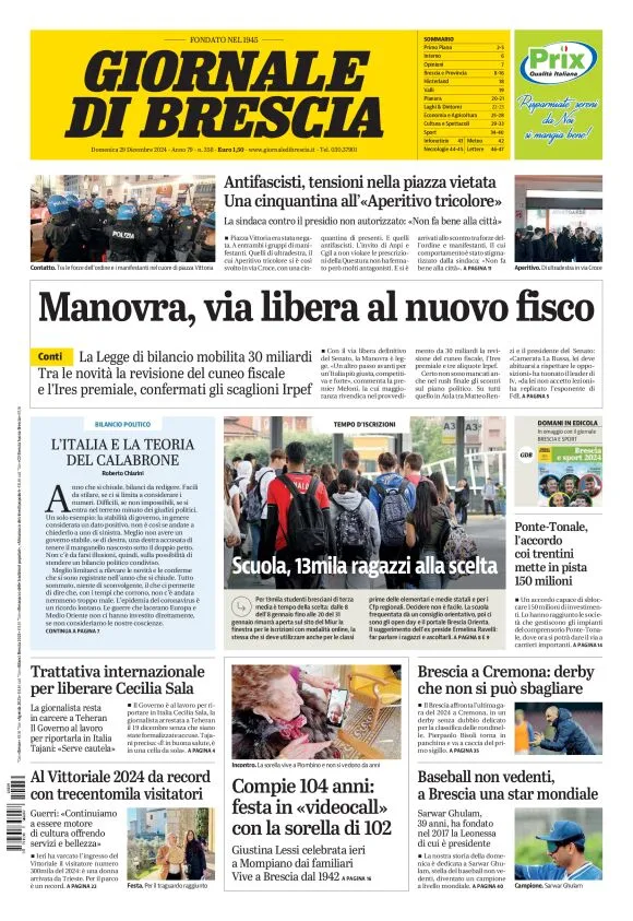 Prima-pagina-giornale di brescia-oggi-edizione-del-2024-12-29