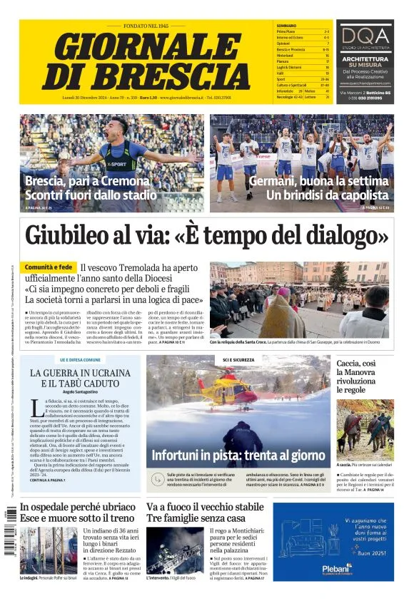 Prima-pagina-giornale di brescia-oggi-edizione-del-2024-12-30