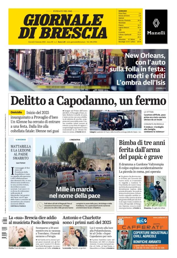 Prima-pagina-giornale di brescia-oggi-edizione-del-2025-01-02