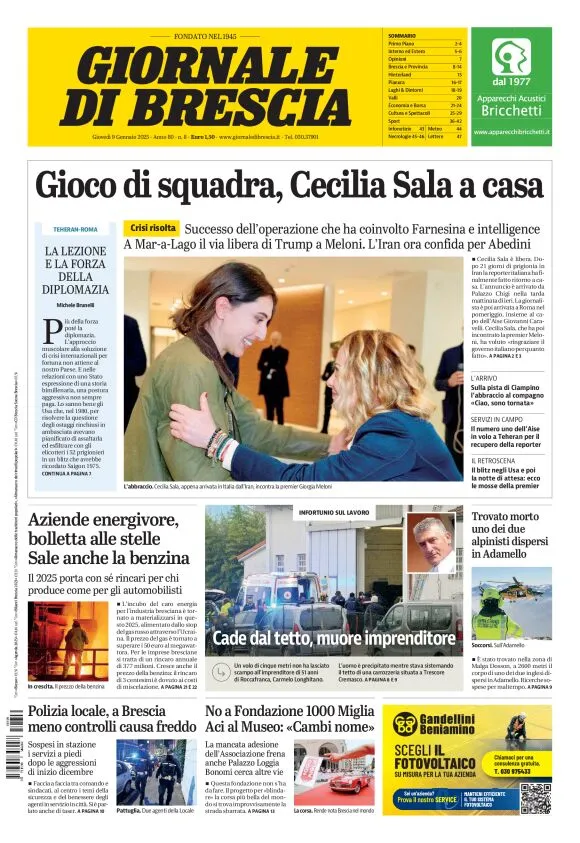 Prima-pagina-giornale di brescia-oggi-edizione-del-2025-01-09