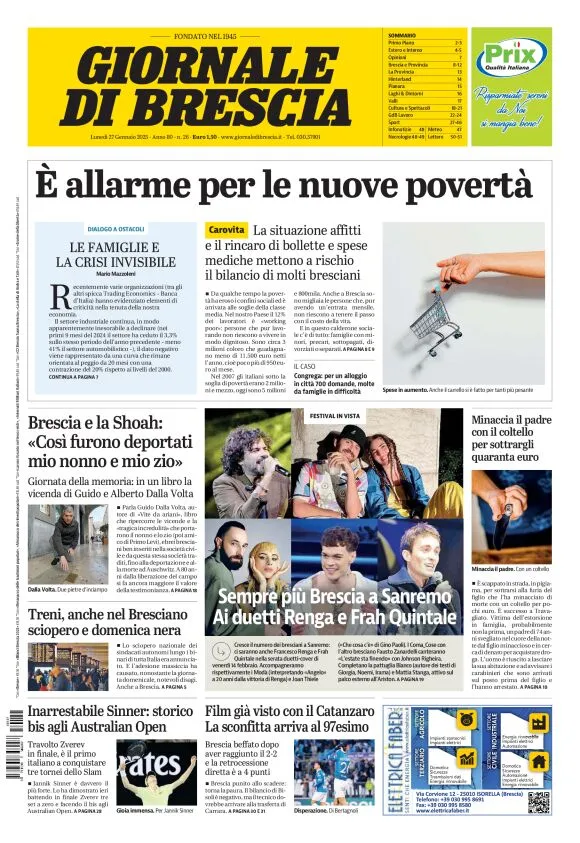 Prima-pagina-giornale di brescia-oggi-edizione-del-2025-01-27