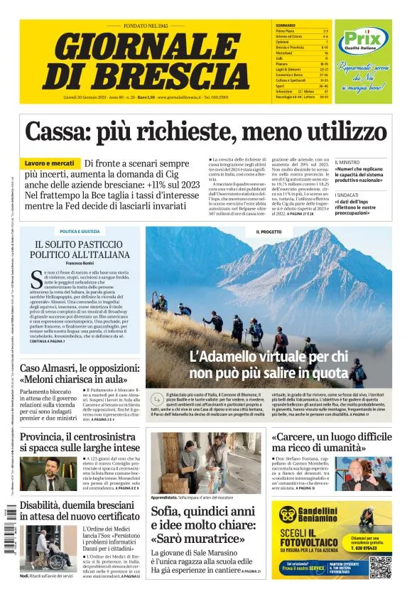 Prima-pagina-giornale di brescia-oggi-edizione-del-2025-01-30