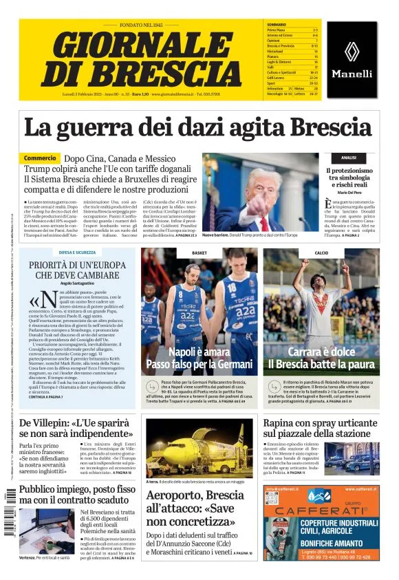 Prima-pagina-giornale di brescia-oggi-edizione-del-2025-02-03