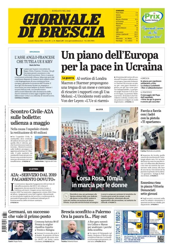 Prima-pagina-giornale di brescia-oggi-edizione-del-2025-03-03