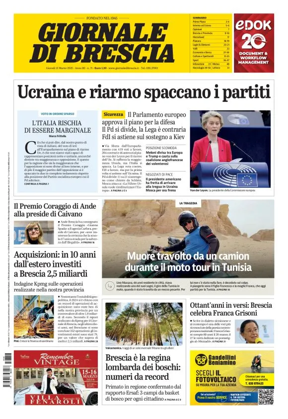 Prima-pagina-giornale di brescia-oggi-edizione-del-2025-03-13