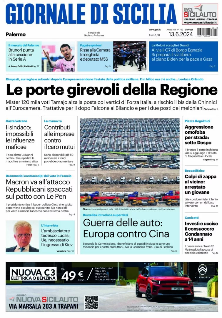 Prima-pagina-Giornale-di-Sicilia-edizione-di-oggi-13-06-2024