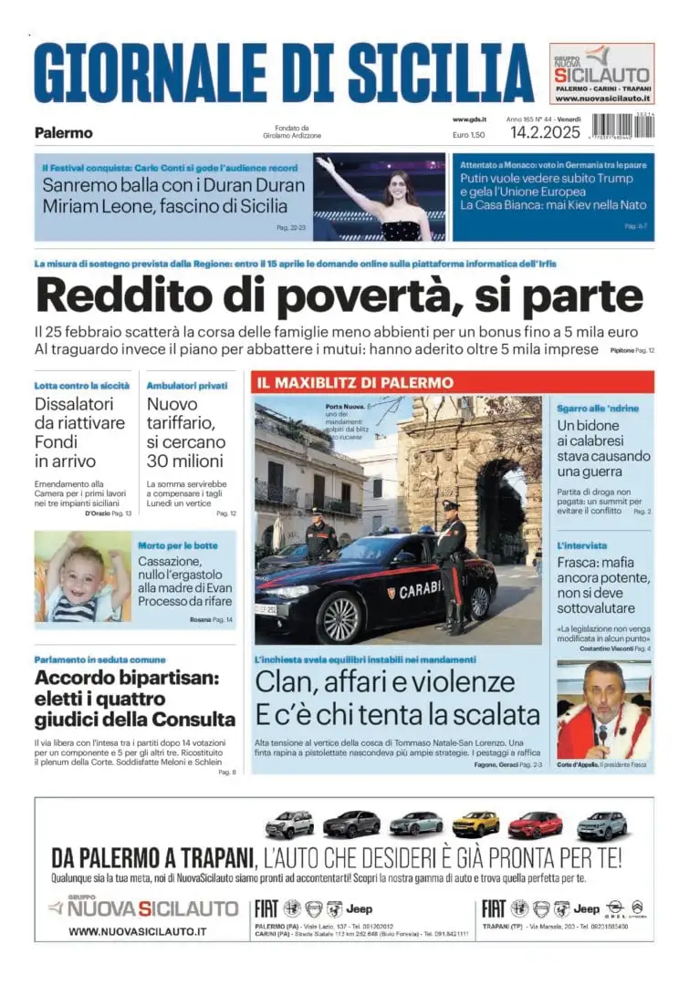 Prima-pagina-Giornale-di-Sicilia-edizione-di-oggi-14-02-2025