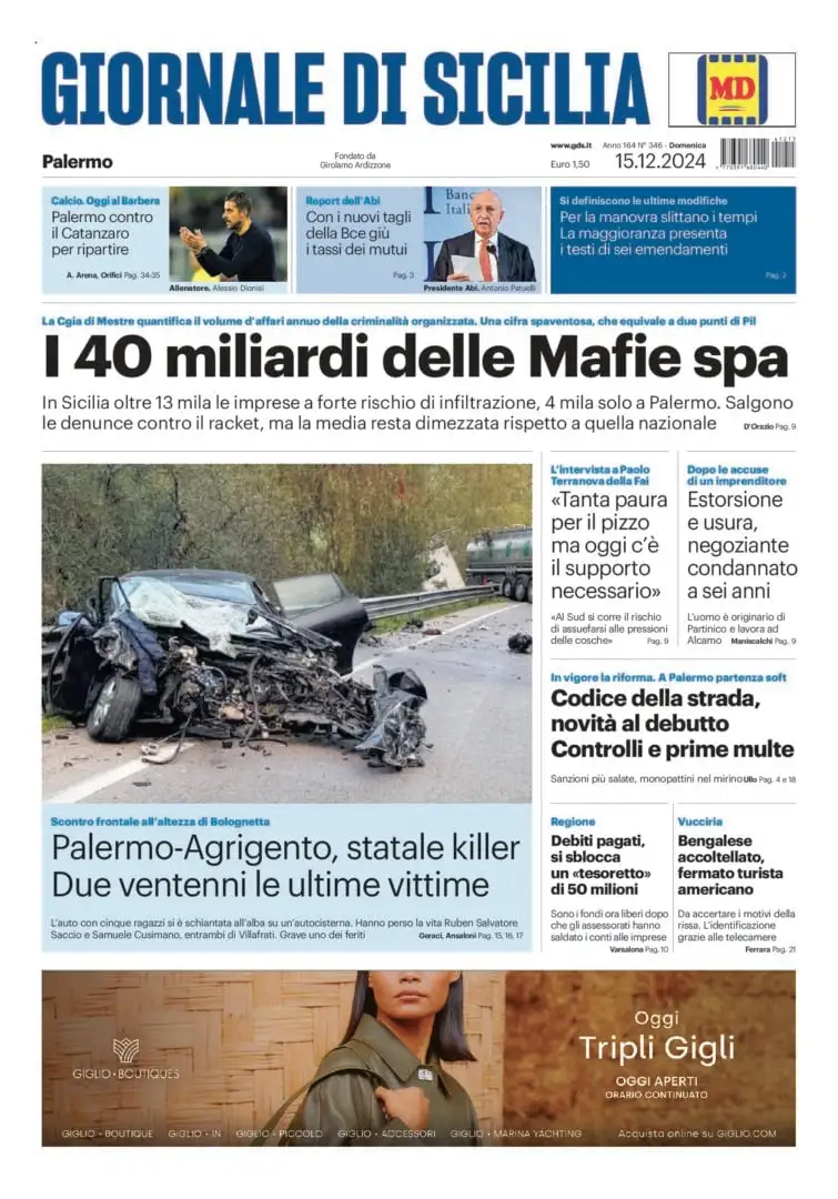 Prima-pagina-Giornale-di-Sicilia-edizione-di-oggi-15-12-2024