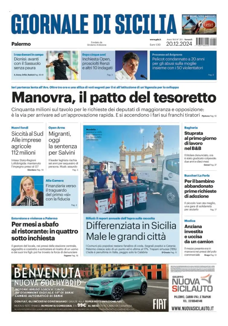 Prima-pagina-Giornale-di-Sicilia-edizione-di-oggi-20-12-2024