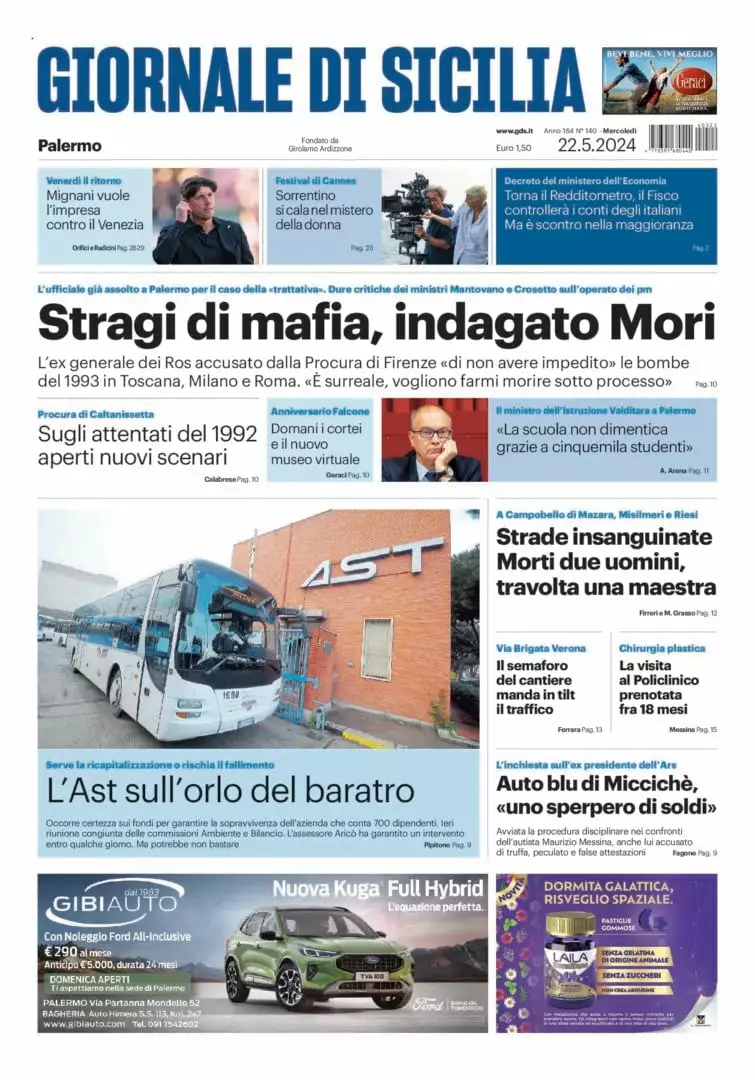 Prima-pagina-Giornale-di-Sicilia-edizione-di-oggi-22-05-2024