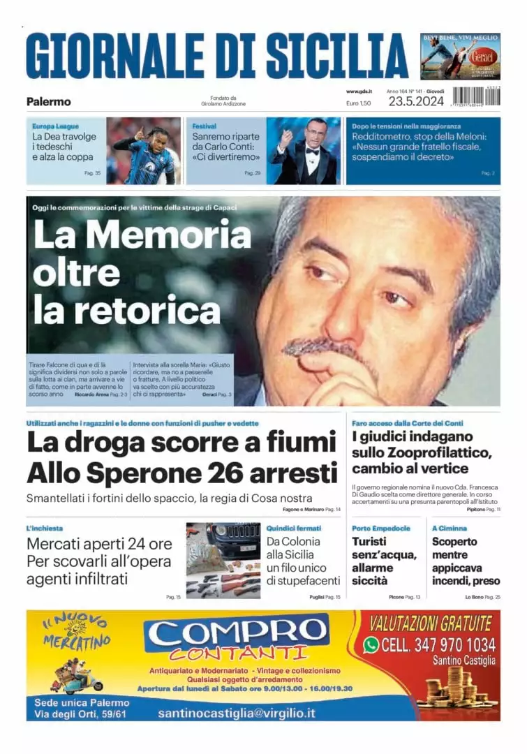 Prima-pagina-Giornale-di-Sicilia-edizione-di-oggi-23-05-2024