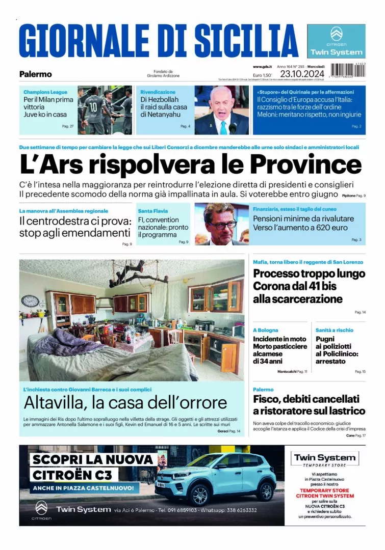 Prima-pagina-Giornale-di-Sicilia-edizione-di-oggi-23-10-2024