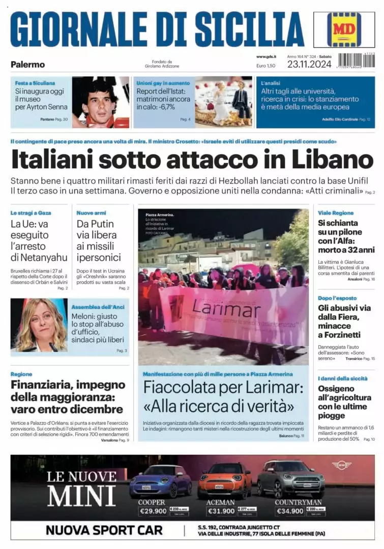 Prima-pagina-Giornale-di-Sicilia-edizione-di-oggi-23-11-2024