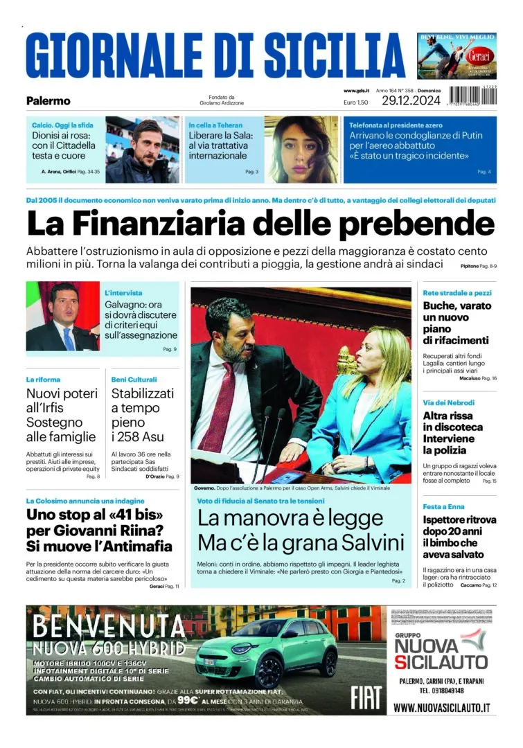 Prima-pagina-Giornale-di-Sicilia-edizione-di-oggi-29-12-2024