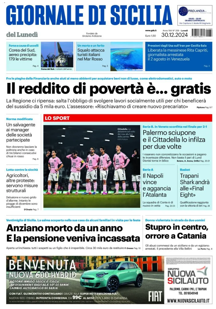 Prima-pagina-Giornale-di-Sicilia-edizione-di-oggi-30-12-2024