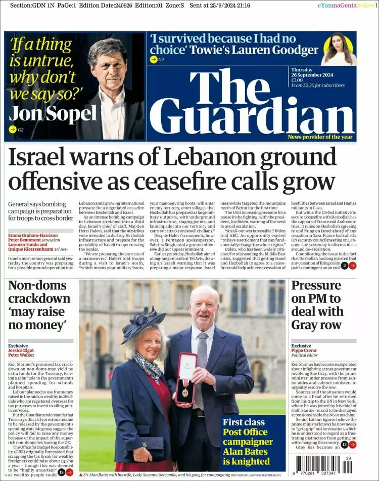 Prima-pagina-guardian-edizione-di-oggi-2024-09-26