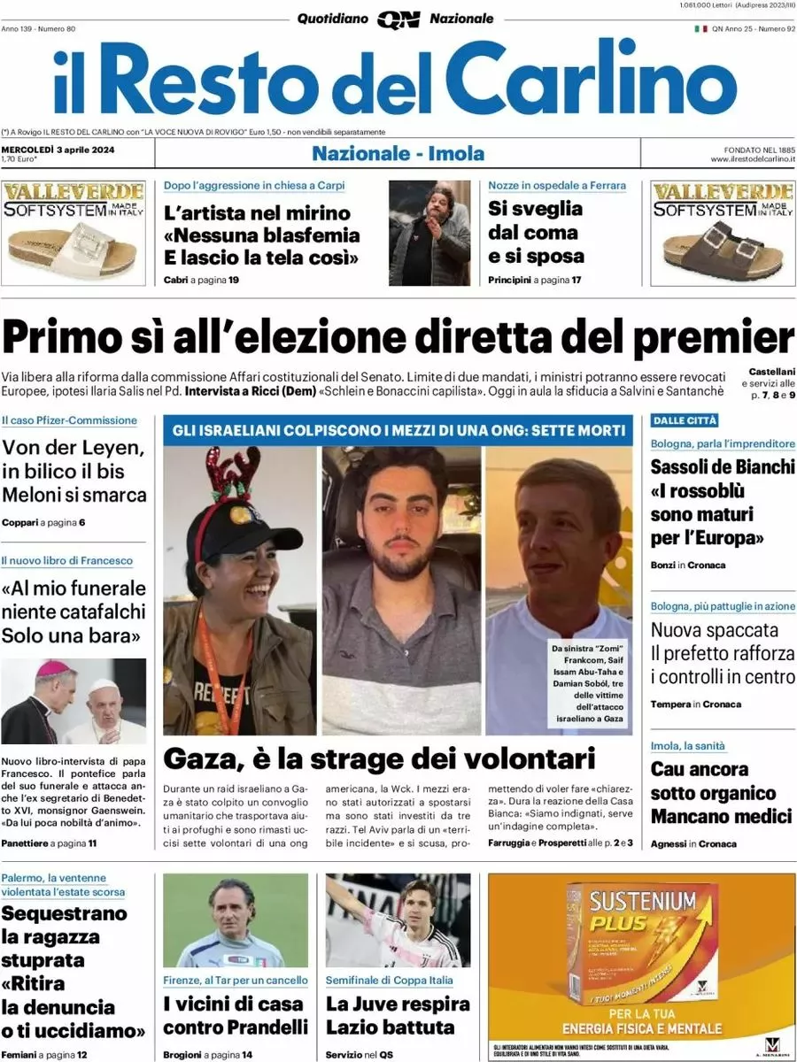 Prima-pagina-il-resto-del-carlino-edizione-di-oggi-03-04-2024