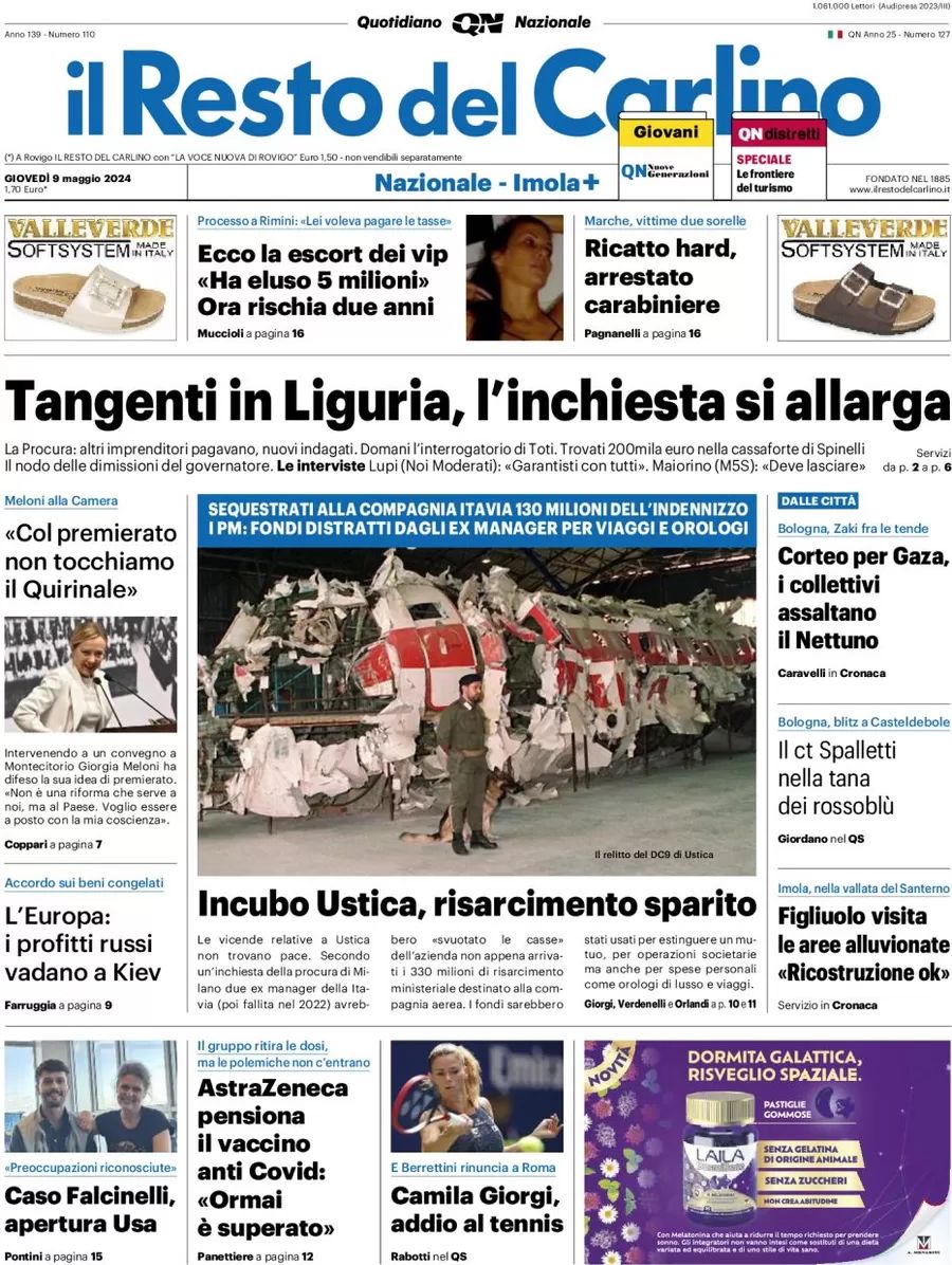 Prima-pagina-il-resto-del-carlino-edizione-di-oggi-09-05-2024