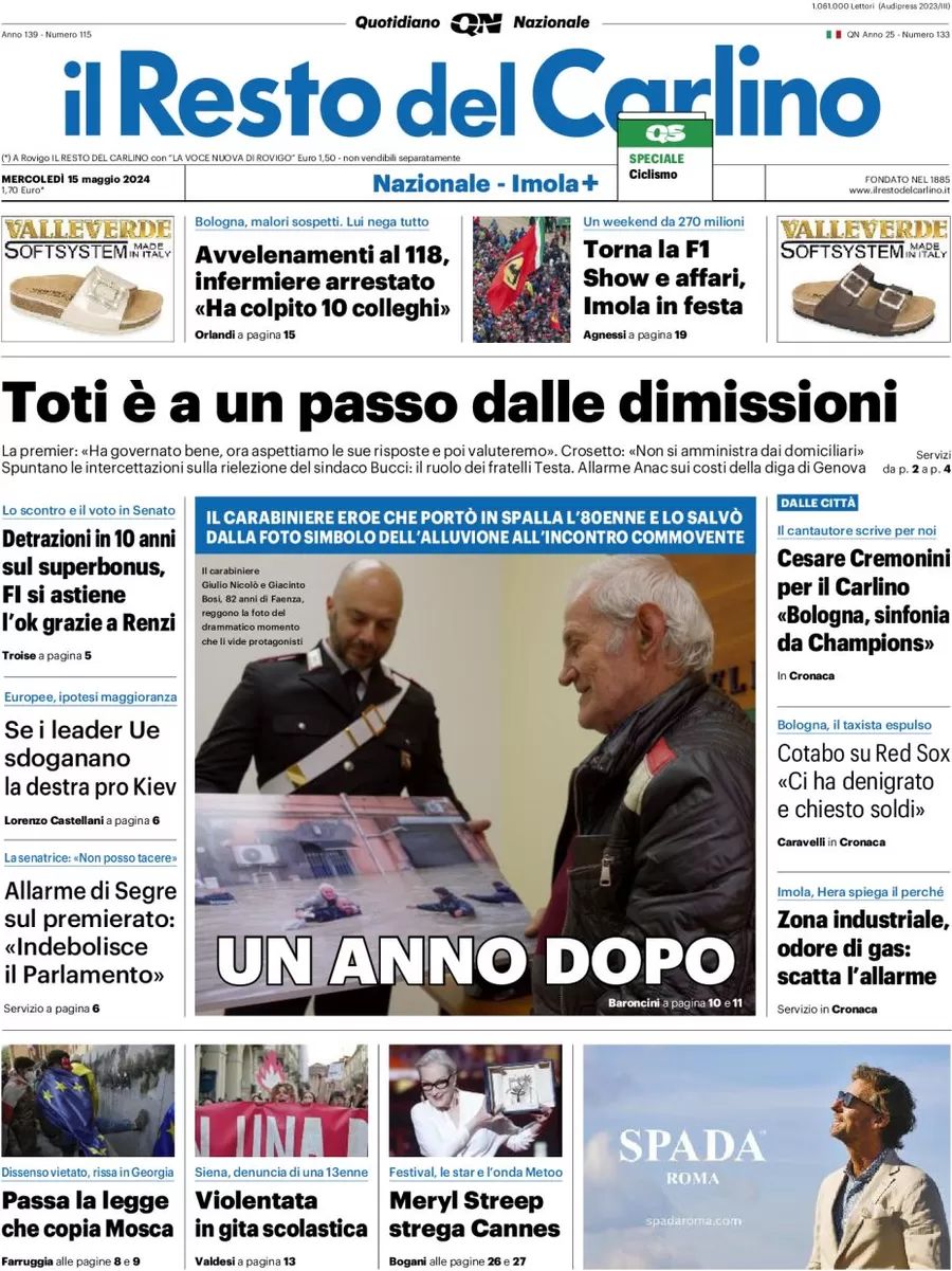 Prima-pagina-il-resto-del-carlino-edizione-di-oggi-15-05-2024