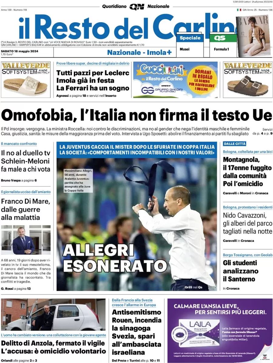 Prima-pagina-il-resto-del-carlino-edizione-di-oggi-18-05-2024