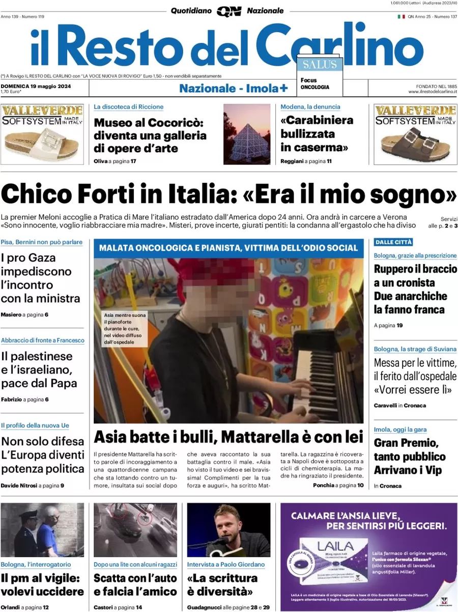 Prima-pagina-il-resto-del-carlino-edizione-di-oggi-19-05-2024