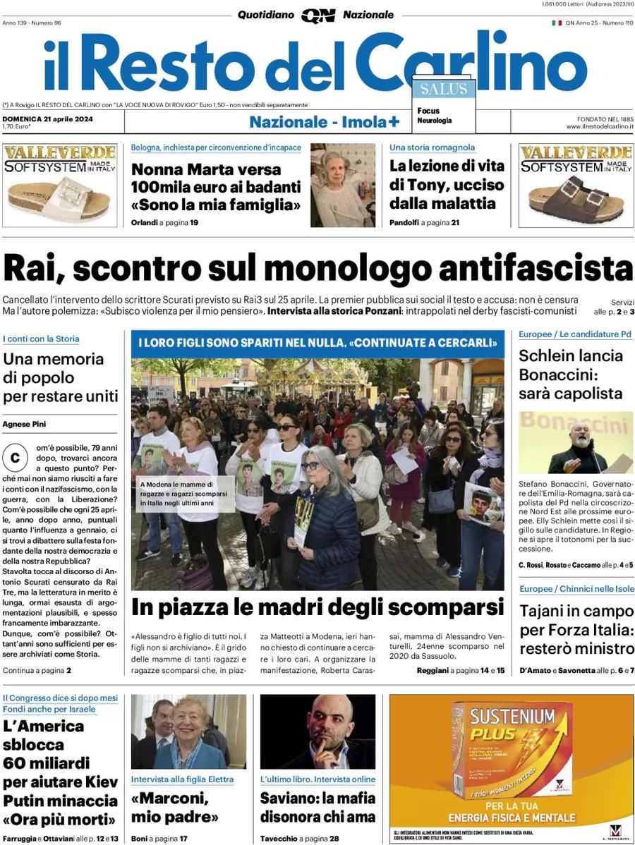 Prima-pagina-il-resto-del-carlino-edizione-di-oggi-21-04-2024