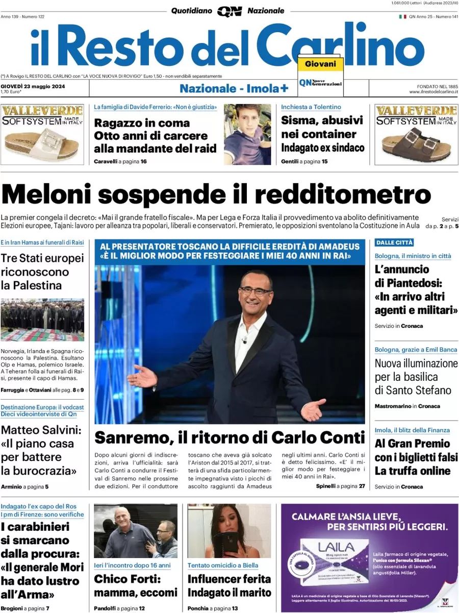 Prima-pagina-il-resto-del-carlino-edizione-di-oggi-23-05-2024