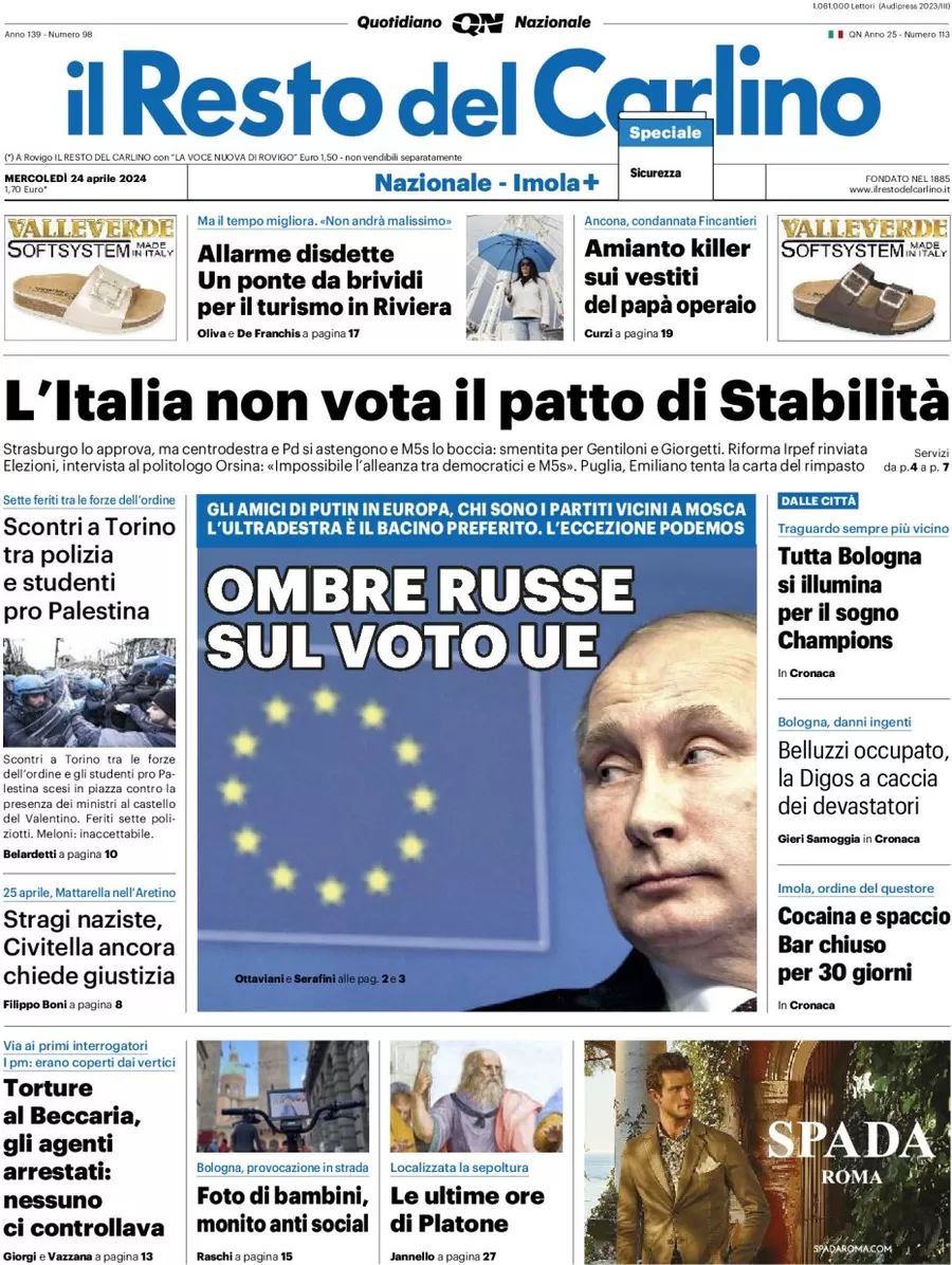 Prima-pagina-il-resto-del-carlino-edizione-di-oggi-24-04-2024