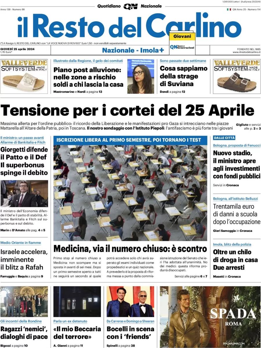 Prima-pagina-il-resto-del-carlino-edizione-di-oggi-25-04-2024