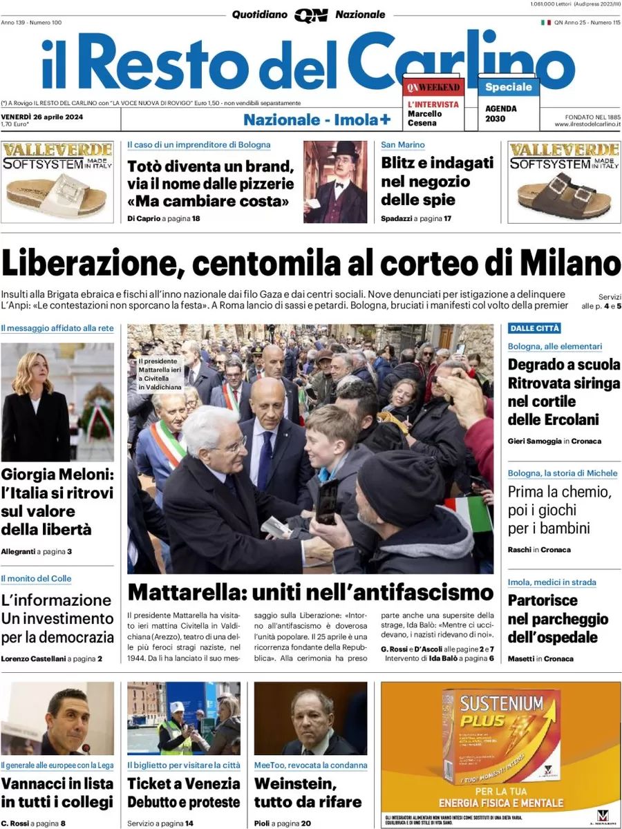 Prima-pagina-il-resto-del-carlino-edizione-di-oggi-26-04-2024