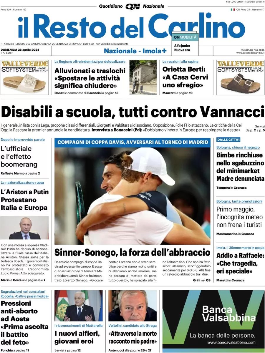 Prima-pagina-il-resto-del-carlino-edizione-di-oggi-28-04-2024