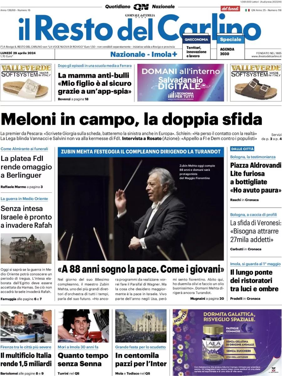 Prima-pagina-il-resto-del-carlino-edizione-di-oggi-29-04-2024