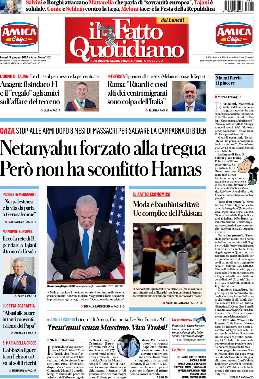 Prima-pagina-il-fatto-quotidiano-edizione-di-oggi-03-06-2024